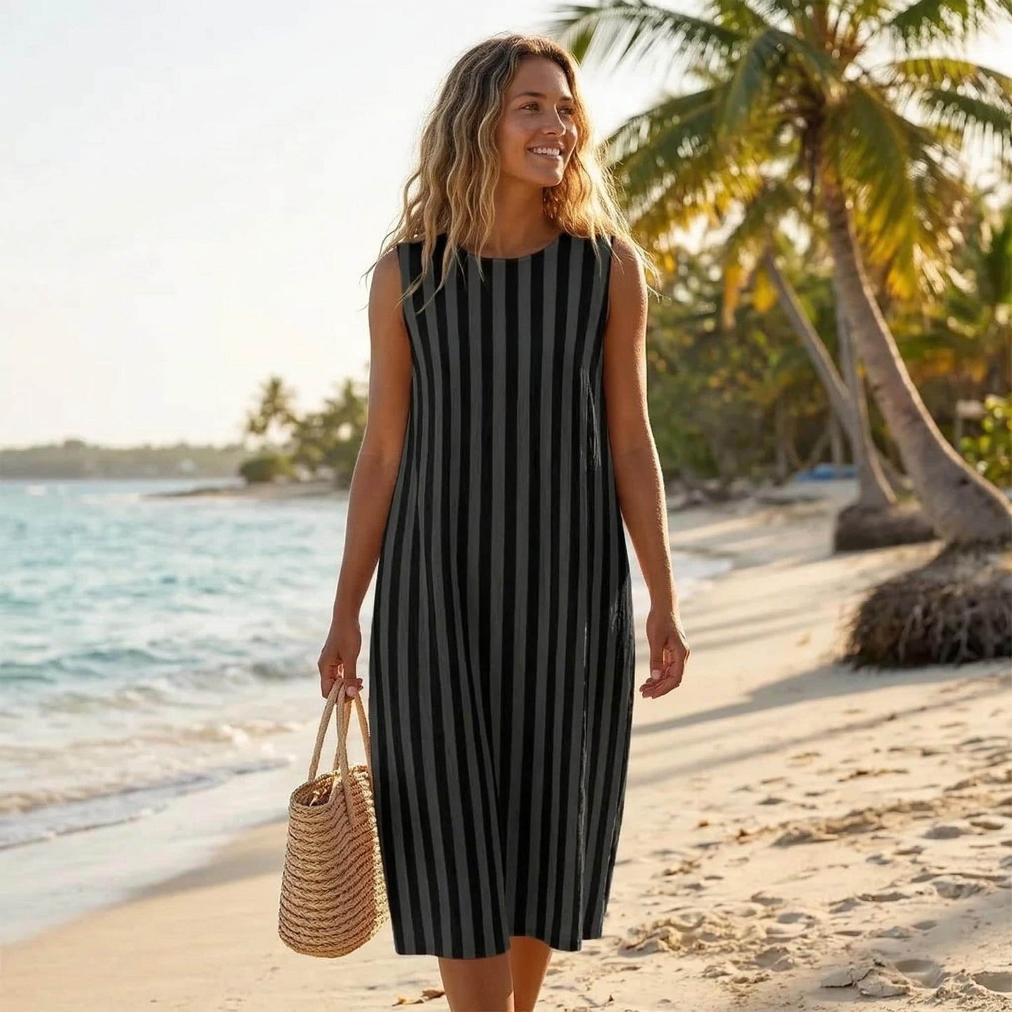 Black Striped Midi Dress, Sleeveless Faux Linen Beach Sundress
