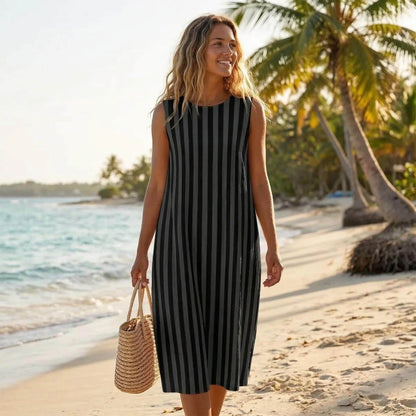 Black Striped Midi Dress, Sleeveless Faux Linen Beach Sundress