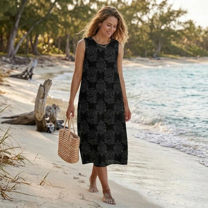 Black Floral Midi Dress, Sleeveless Beach Dress, Vacation Sundress