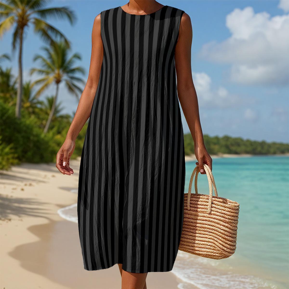 Black Striped Midi Dress, Sleeveless Faux Linen Beach Sundress