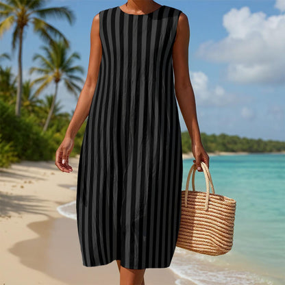 Black Striped Midi Dress, Sleeveless Faux Linen Beach Sundress