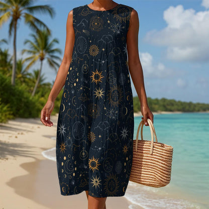 Celestial Midi Sundress, Sun Moon Star Dress, Astrology Casual Outfit
