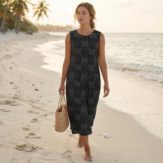 Charcoal Floral Tank Dress, Sleeveless Rose Midi Sundress, Easy Coastal Vacation Outfit for Women