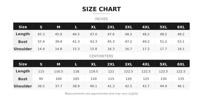 a size chart with measurements for various clothing items such as bust, shoulder, and length. The chart provides the corresponding size in inches and centimeters for different clothing sizes. The measurements are approximate and may vary slightly, so the exact numbers may not be entirely accurate.