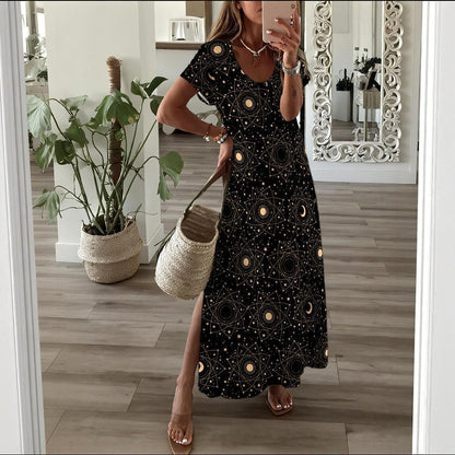 Astrology Maxi Dress, Sun Moon Boho Dress, Black V Neck Mystic Gown