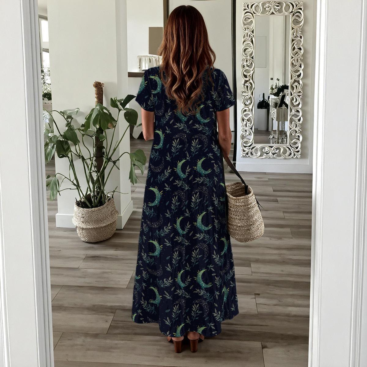 Navy Crescent Moon Maxi Dress, Celestial Side Slit Dress, Witchy Boho Outfit for Women