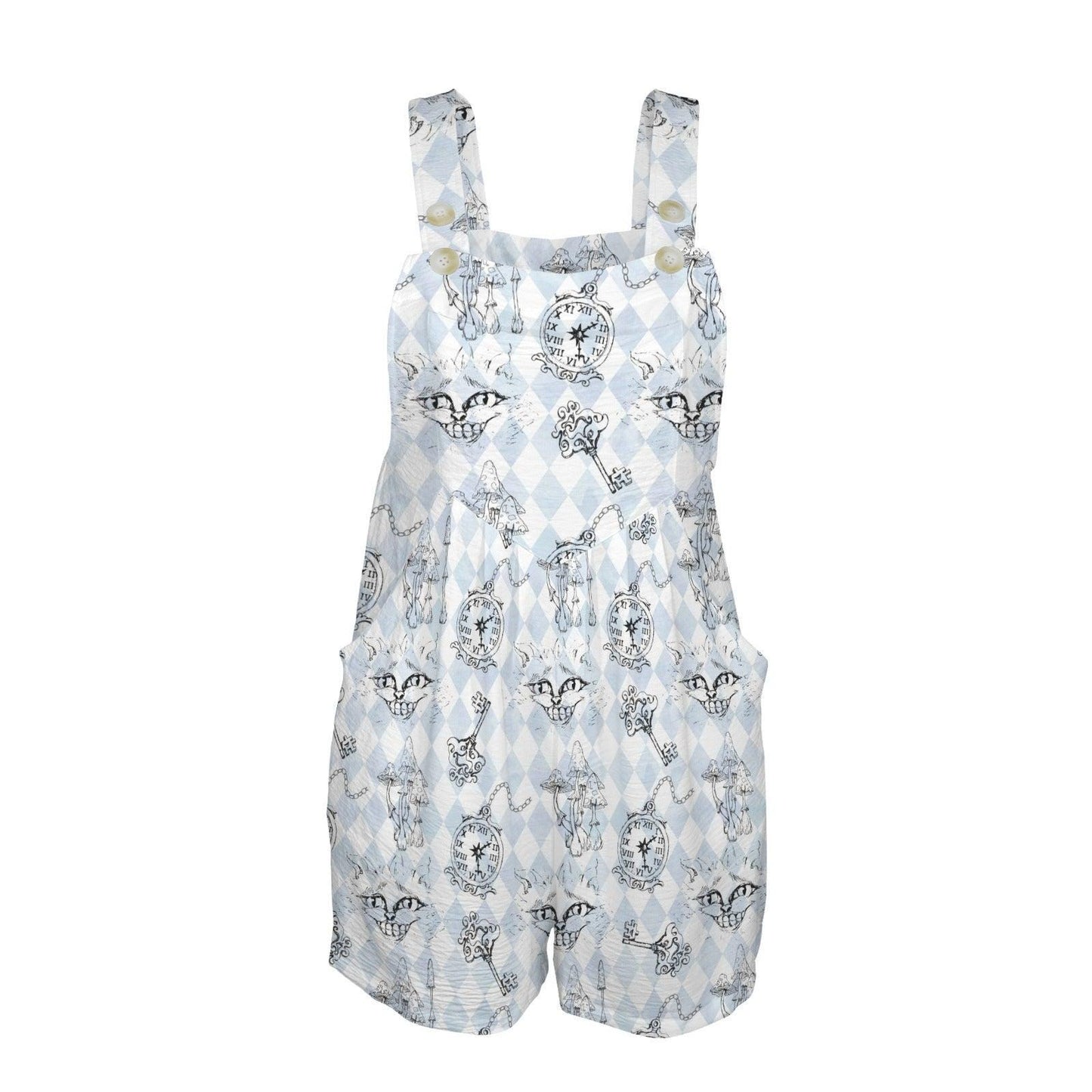 Celestial Shortalls for Women, Blue Overall Romper, Witchy Boho Summer Bib Shorts