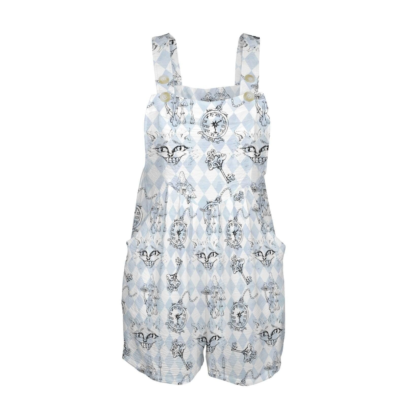 Celestial Shortalls for Women, Blue Overall Romper, Witchy Boho Summer Bib Shorts