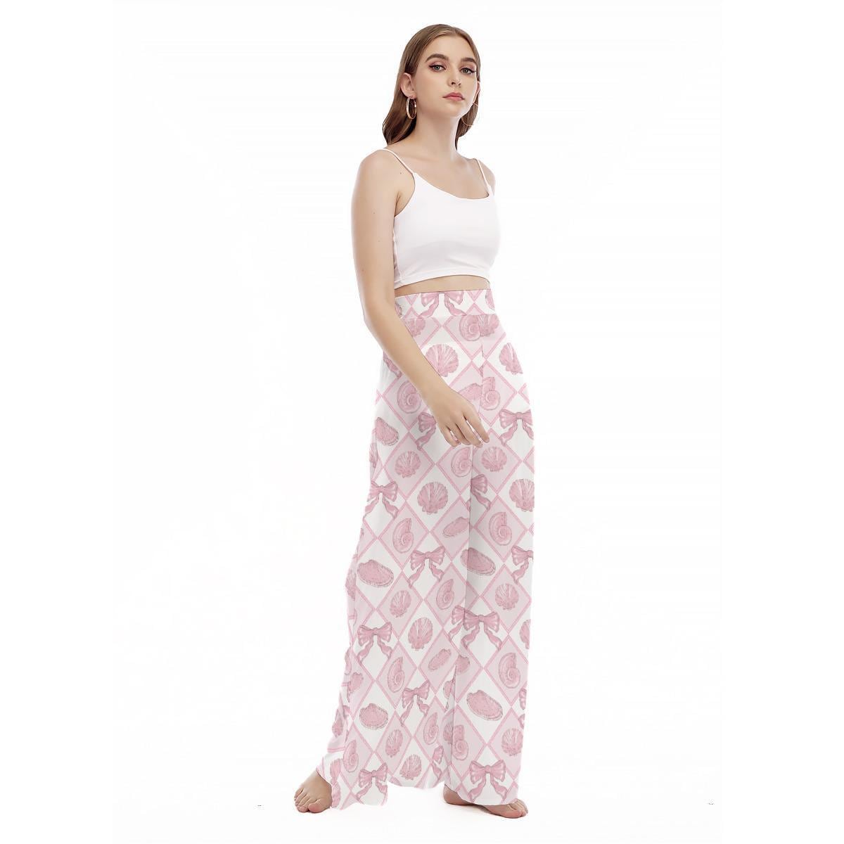 Coquette Shell Palazzo Pants, Pink Bow Beach Trousers, Wide Leg Resort Vacation Pants
