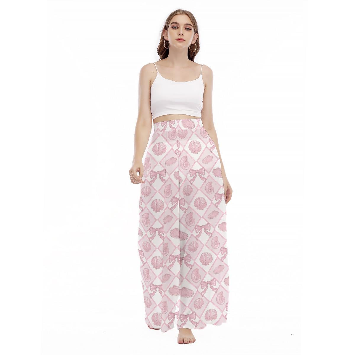 Coquette Shell Palazzo Pants, Pink Bow Beach Trousers, Wide Leg Resort Vacation Pants