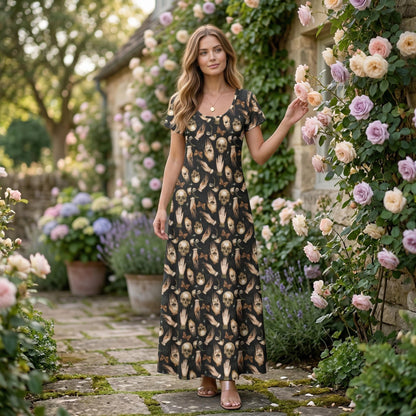Oddities Maxi Dress, Skull Hand Print Cottagecore Gown, Dark Boho Everyday Style