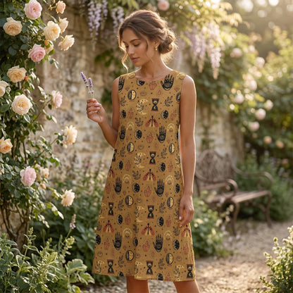 Sleeveless Tarot Print Shift Dress, Hamsa Hand Pattern, Mystic Festival Outfit
