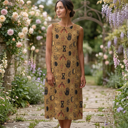 Sleeveless Tarot Print Shift Dress, Hamsa Hand Pattern, Mystic Festival Outfit