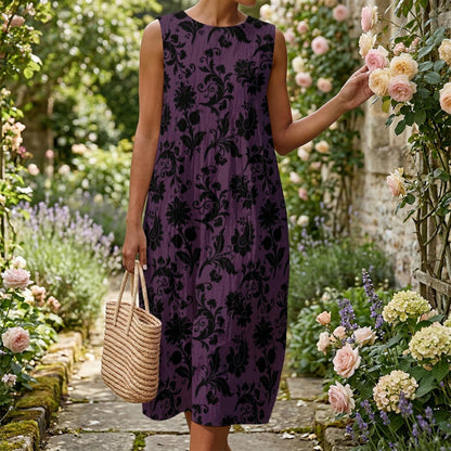 Gothic Floral Midi Dress, Plum Damask Sleeveless Dress, Dark Cottagecore Garden Outfit