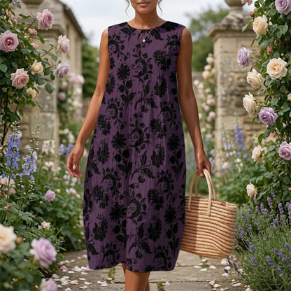 Gothic Floral Midi Dress, Plum Damask Sleeveless Dress, Dark Cottagecore Garden Outfit