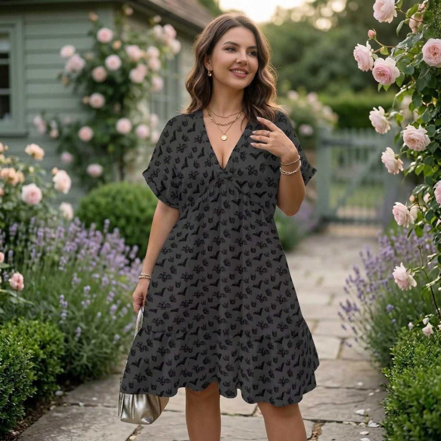 Bat Print Babydoll Dress, Halloween Mini Dress, Gothic V Neck Smock Dress for Women