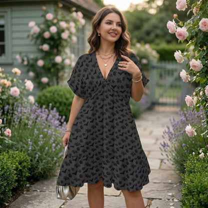 Bat Print Babydoll Dress, Halloween Mini Dress, Gothic V Neck Smock Dress for Women