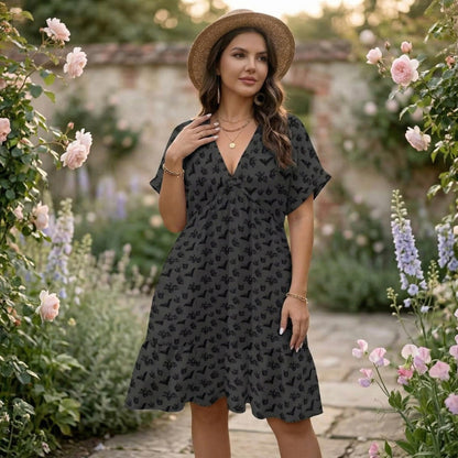 Bat Print Babydoll Dress, Halloween Mini Dress, Gothic V Neck Smock Dress for Women