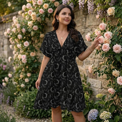 Black Moon Phase Midi Dress, Celestial Botanical Tiered Boho Outfit