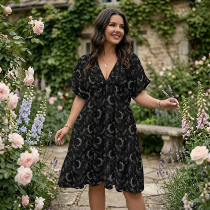 Black Moon Phase Midi Dress, Celestial Botanical Tiered Boho Outfit