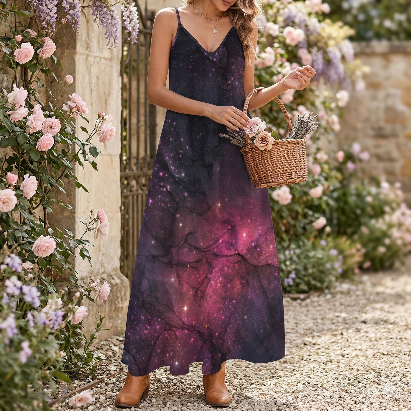 Purple Galaxy Cami Maxi Dress, Celestial Spaghetti Strap Sundress, Cosmic Boho Outfit for Women