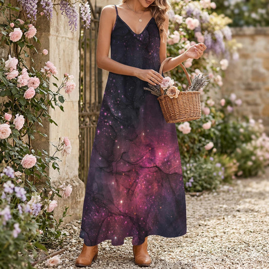 Purple Galaxy Cami Maxi Dress, Celestial Spaghetti Strap Sundress, Cosmic Boho Outfit for Women