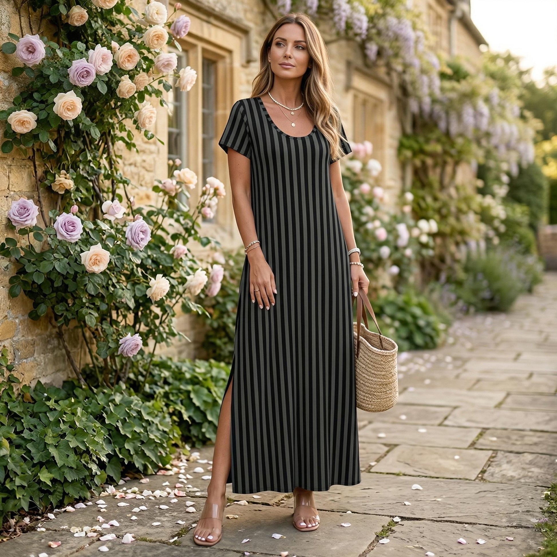 Black Striped Maxi Dress, Side Slit Summer Dress, Scoop Neck Casual Resort Dress