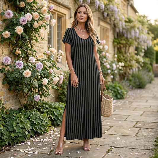 Black Striped Maxi Dress, Side Slit Summer Dress, Scoop Neck Casual Resort Dress