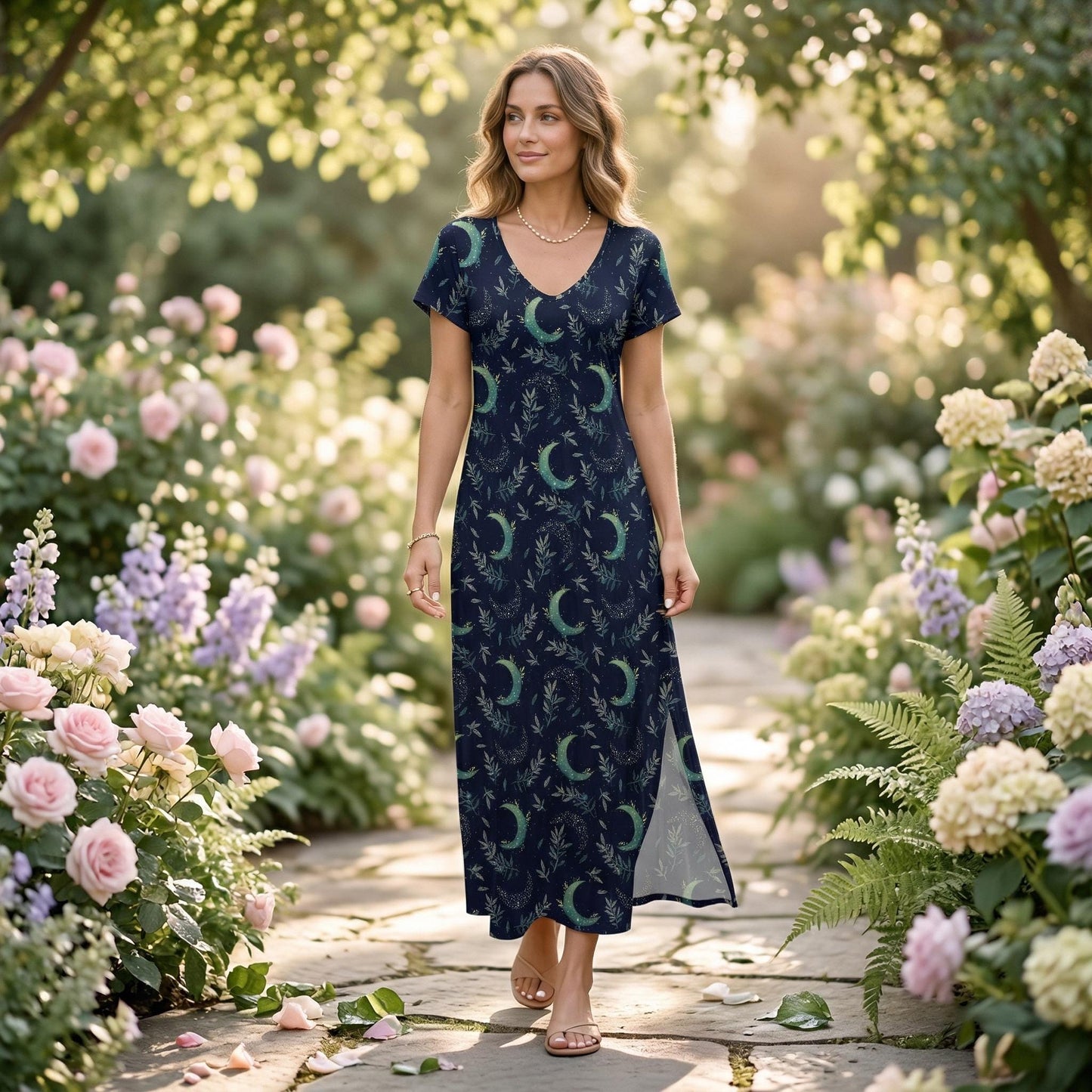 Navy Crescent Moon Maxi Dress, Celestial Side Slit Dress, Witchy Boho Outfit for Women