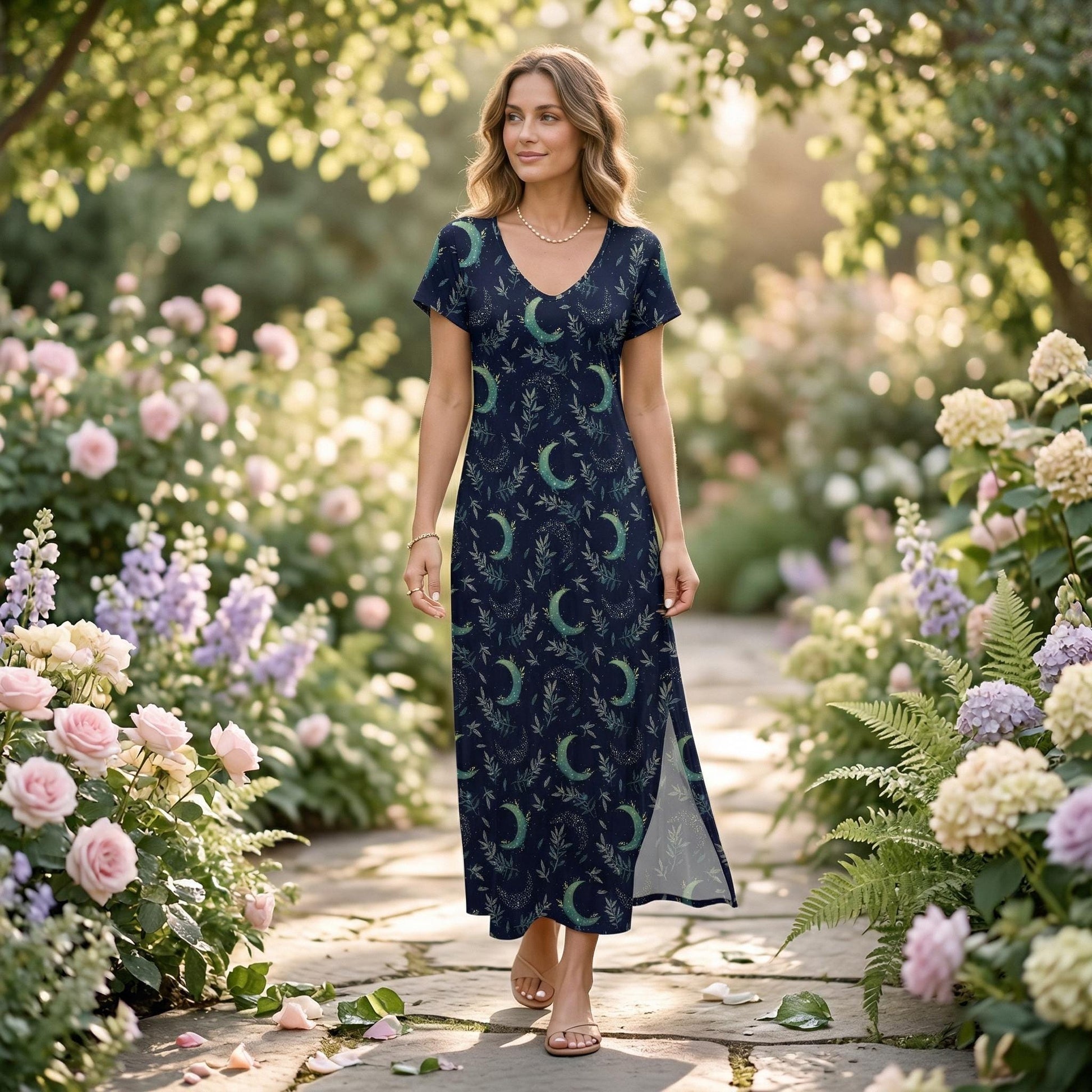 Navy Crescent Moon Maxi Dress, Celestial Side Slit Dress, Witchy Boho Outfit for Women