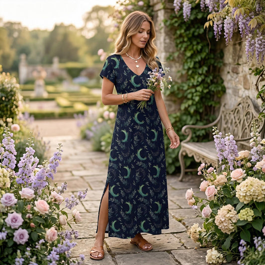 Navy Crescent Moon Maxi Dress, Celestial Side Slit Dress, Witchy Boho Outfit for Women