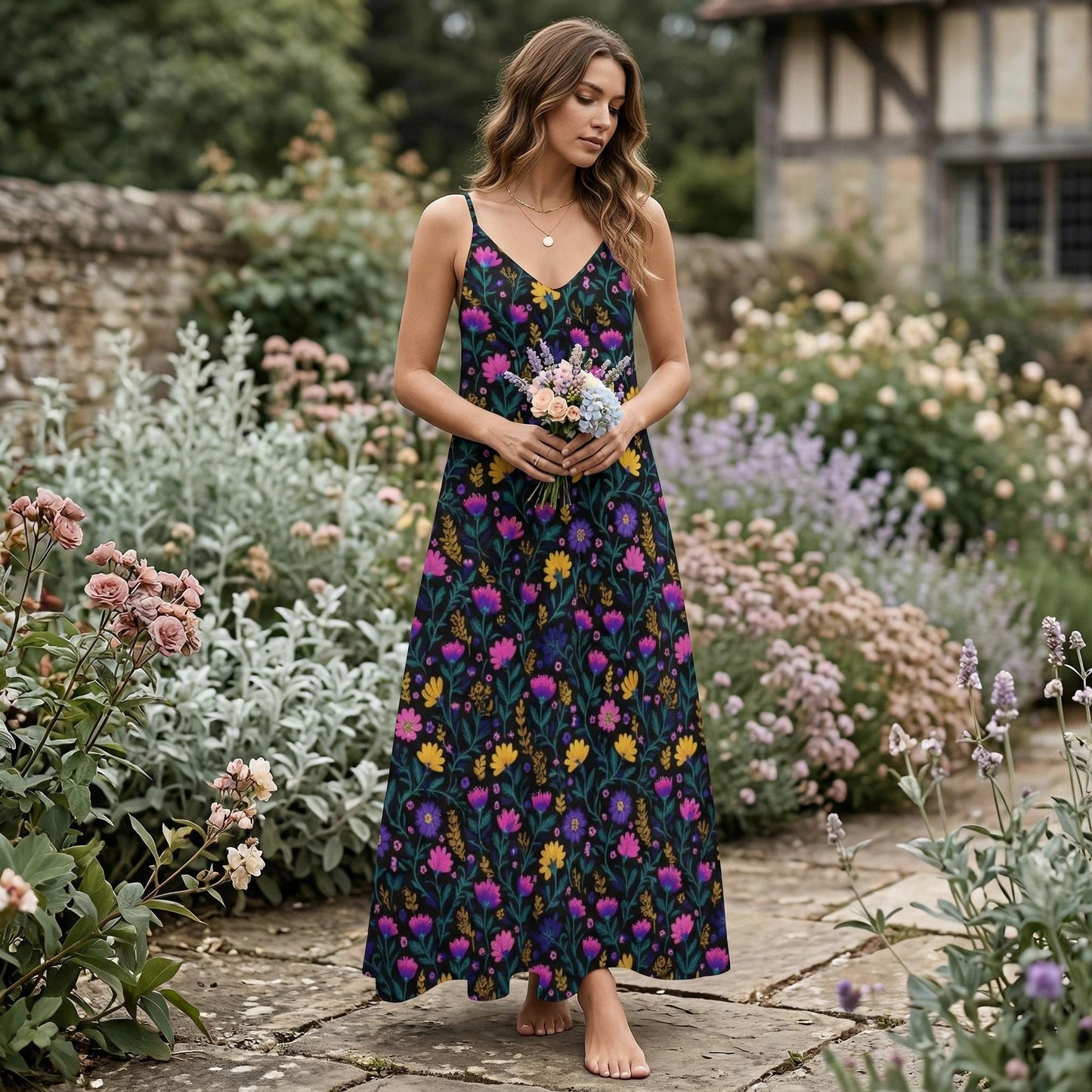 Wildflower Maxi Dress, Garden Party Sundress, Boho Meadow Slip Dress for Women