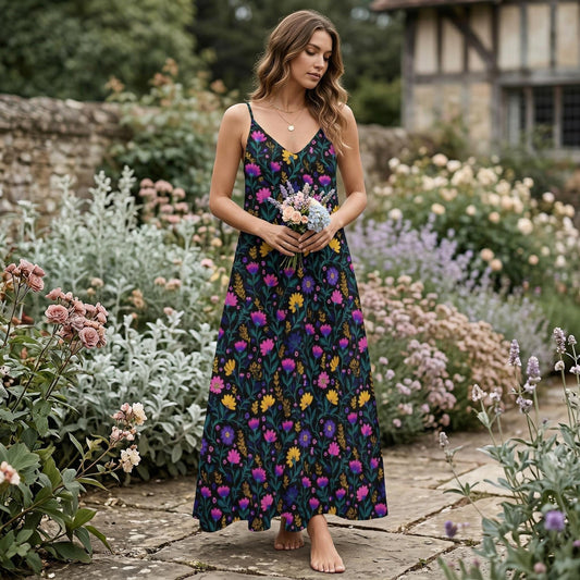 Wildflower Maxi Dress, Garden Party Sundress, Boho Meadow Slip Dress for Women