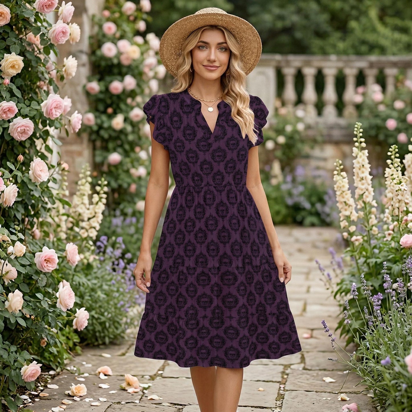 Plum Midi Dress, Vintage Boho Tea Dress, Ruffle Sleeve Summer Outfit
