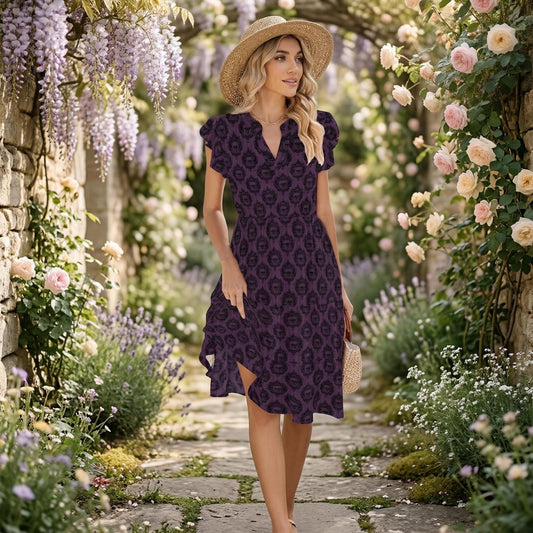 Plum Midi Dress, Vintage Boho Tea Dress, Ruffle Sleeve Summer Outfit