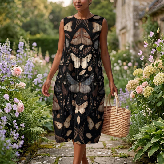 Moth Print Tank Dress, Dark Cottagecore Midi Dress, Botanical Butterfly Sleeveless Dress