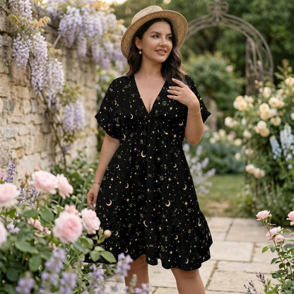 Celestial Dress, Black Zodiac Star Moon Babydoll Mini Dress, Boho Astrology Sundress
