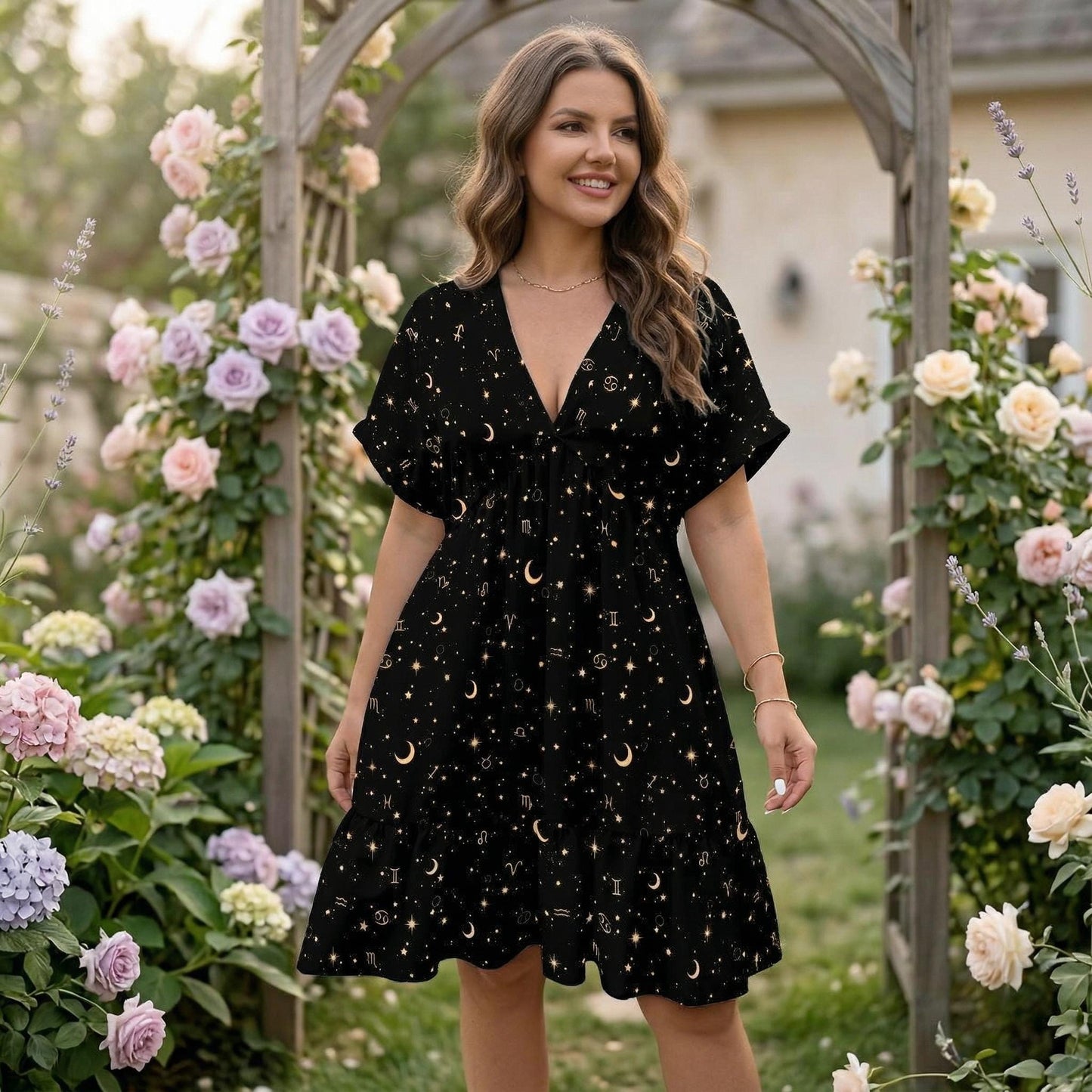 Celestial Dress, Black Zodiac Star Moon Babydoll Mini Dress, Boho Astrology Sundress