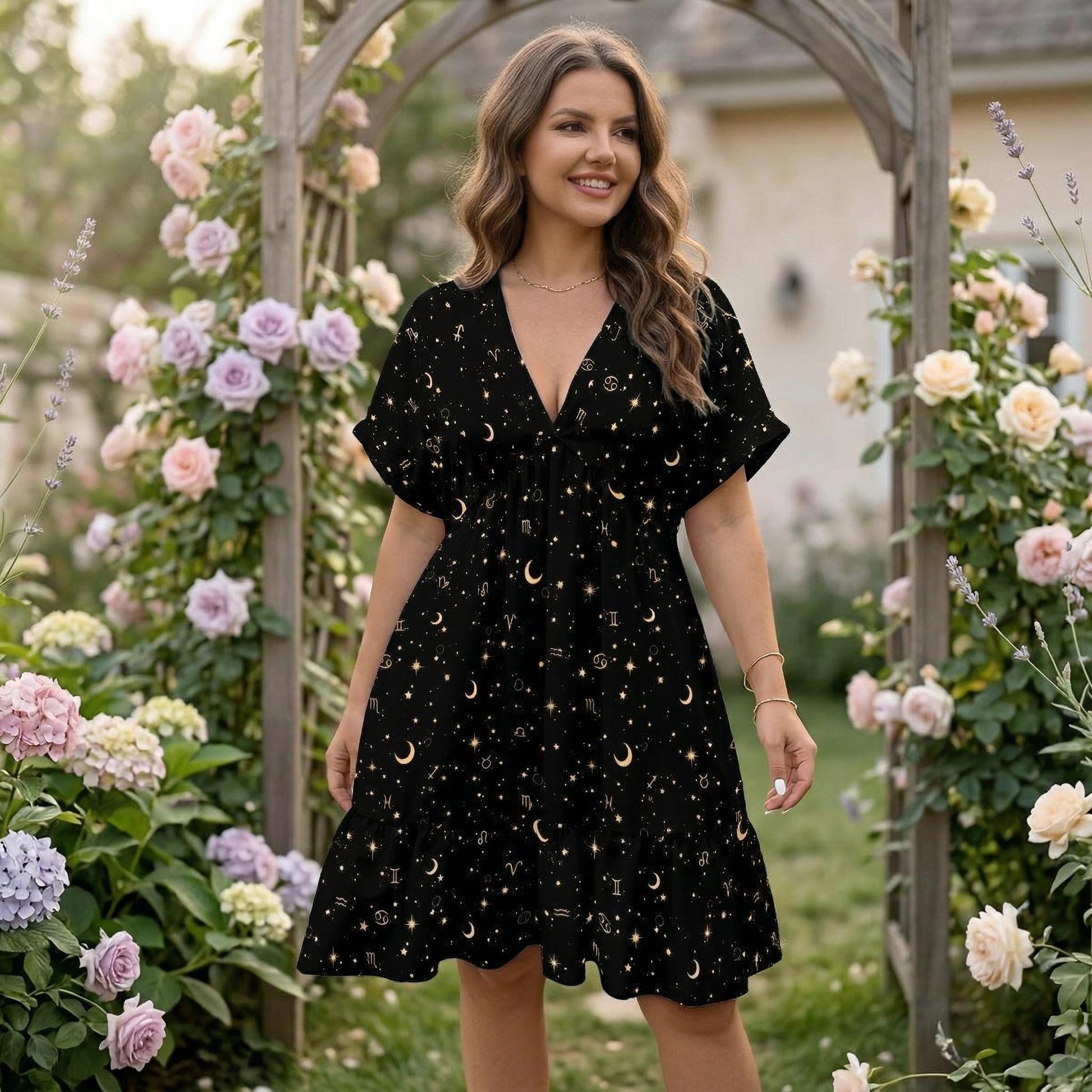Celestial Dress, Black Zodiac Star Moon Babydoll Mini Dress, Boho Astrology Sundress