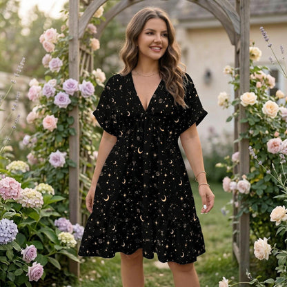Celestial Dress, Black Zodiac Star Moon Babydoll Mini Dress, Boho Astrology Sundress