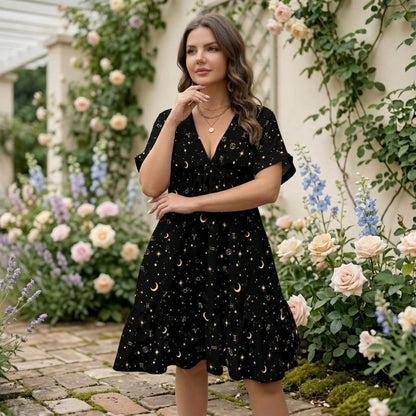 Celestial Dress, Black Zodiac Star Moon Babydoll Mini Dress, Boho Astrology Sundress