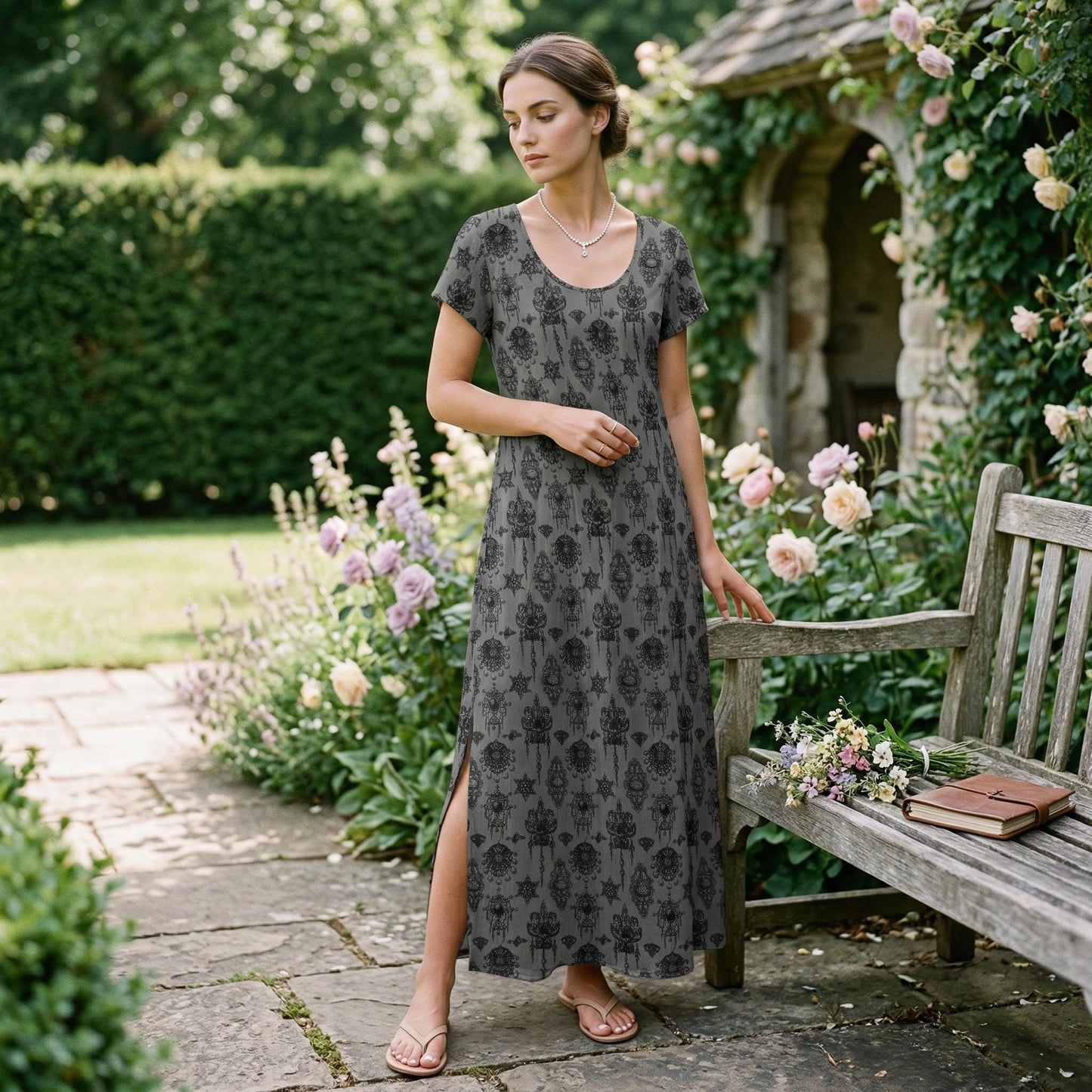 Gothic Maxi Dress, Witchy Summer Lounge Dress, Vintage Charcoal Boho House Dress