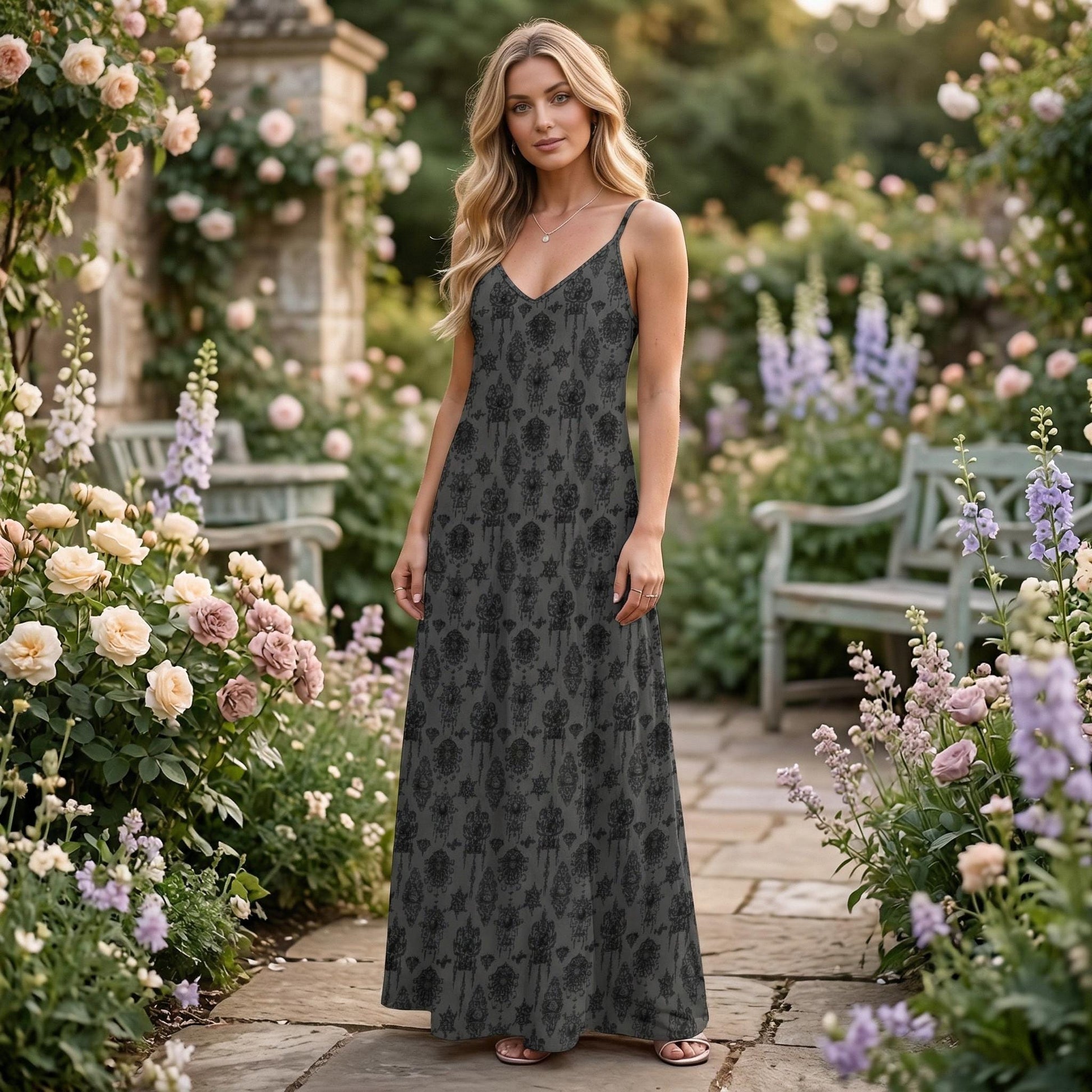 Gothic Slip Dress, Gray Damask Maxi Sundress, Dark Academia Summer Dress