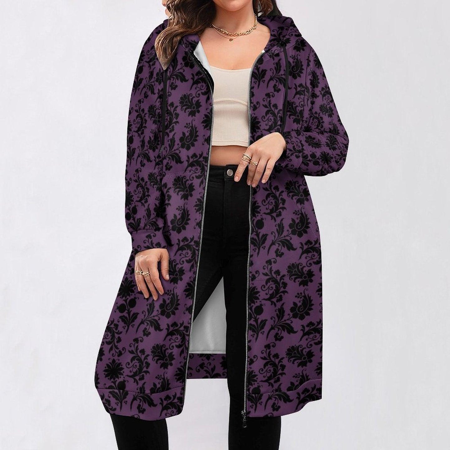 Purple damask longline zip coat, Victorian-inspired spooky floral outerwear for women, gothic streetwear