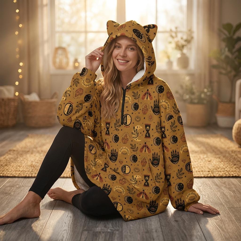 Oversized Cat Ear Hoodie, Boho Mystic Loungewear, Cozy Sherpa Zip Hoodie