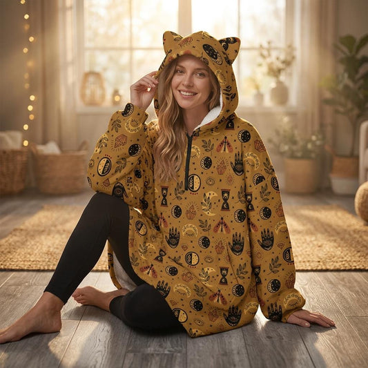 Oversized Cat Ear Hoodie, Boho Mystic Loungewear, Cozy Sherpa Zip Hoodie