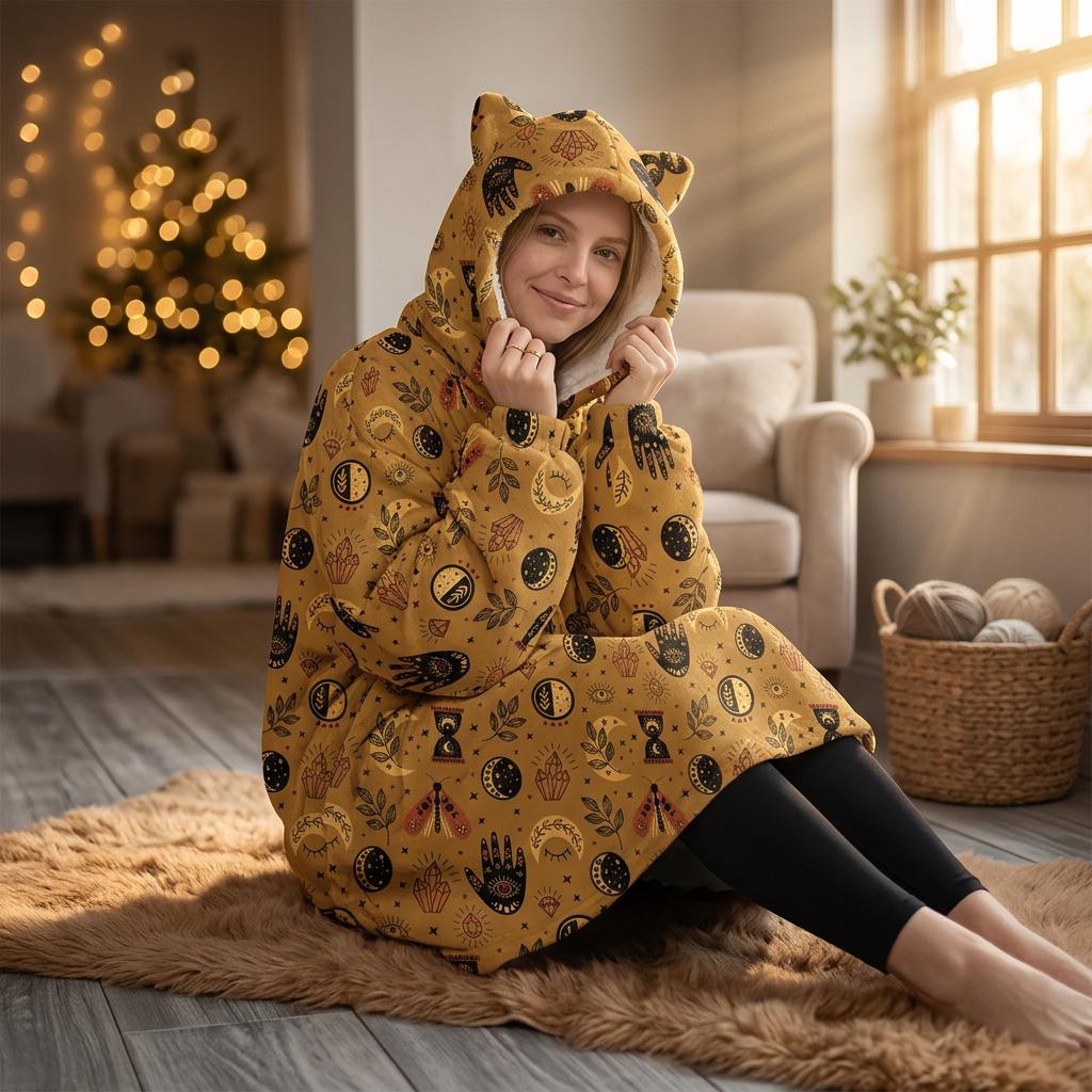 Oversized Cat Ear Hoodie, Boho Mystic Loungewear, Cozy Sherpa Zip Hoodie