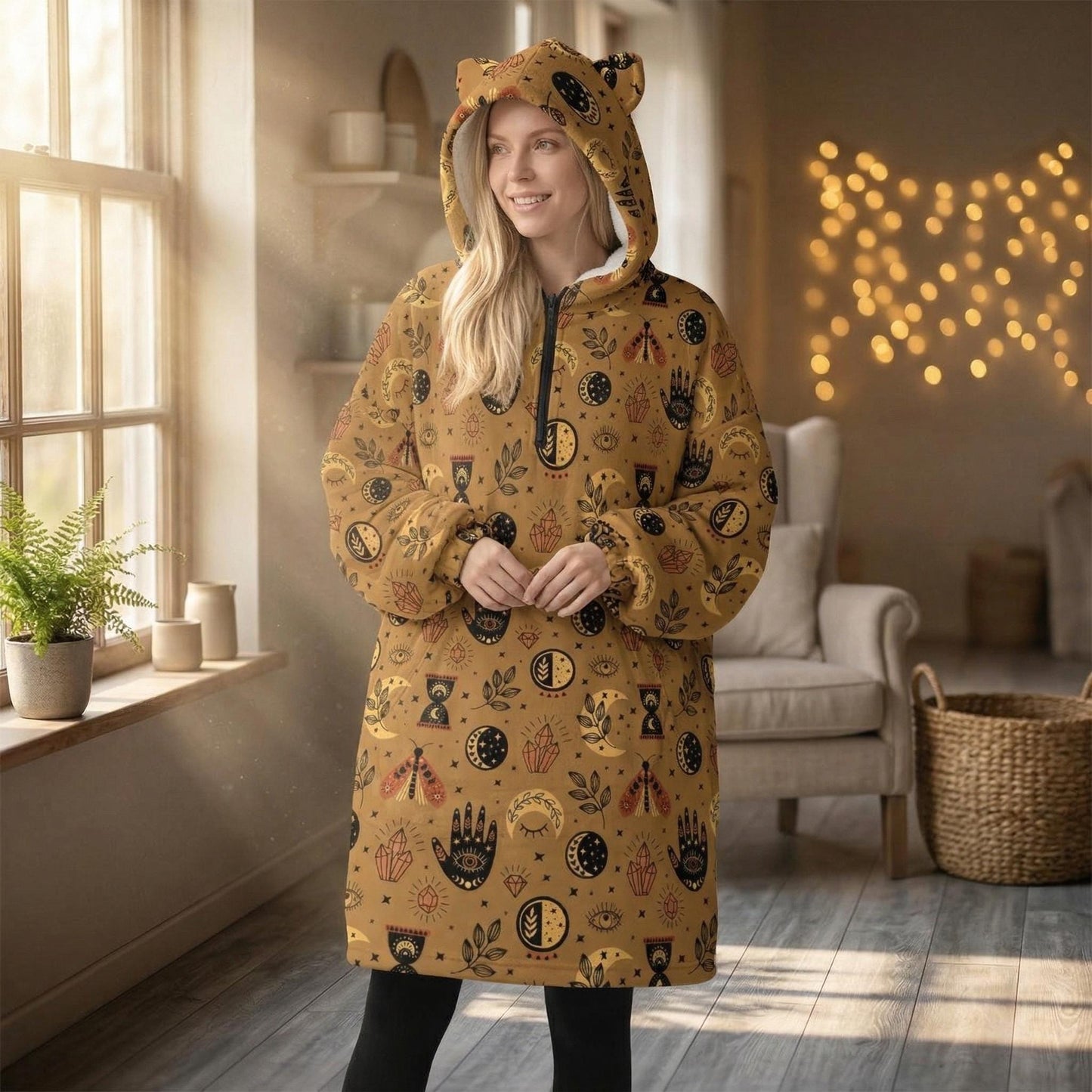 Oversized Cat Ear Hoodie, Boho Mystic Loungewear, Cozy Sherpa Zip Hoodie