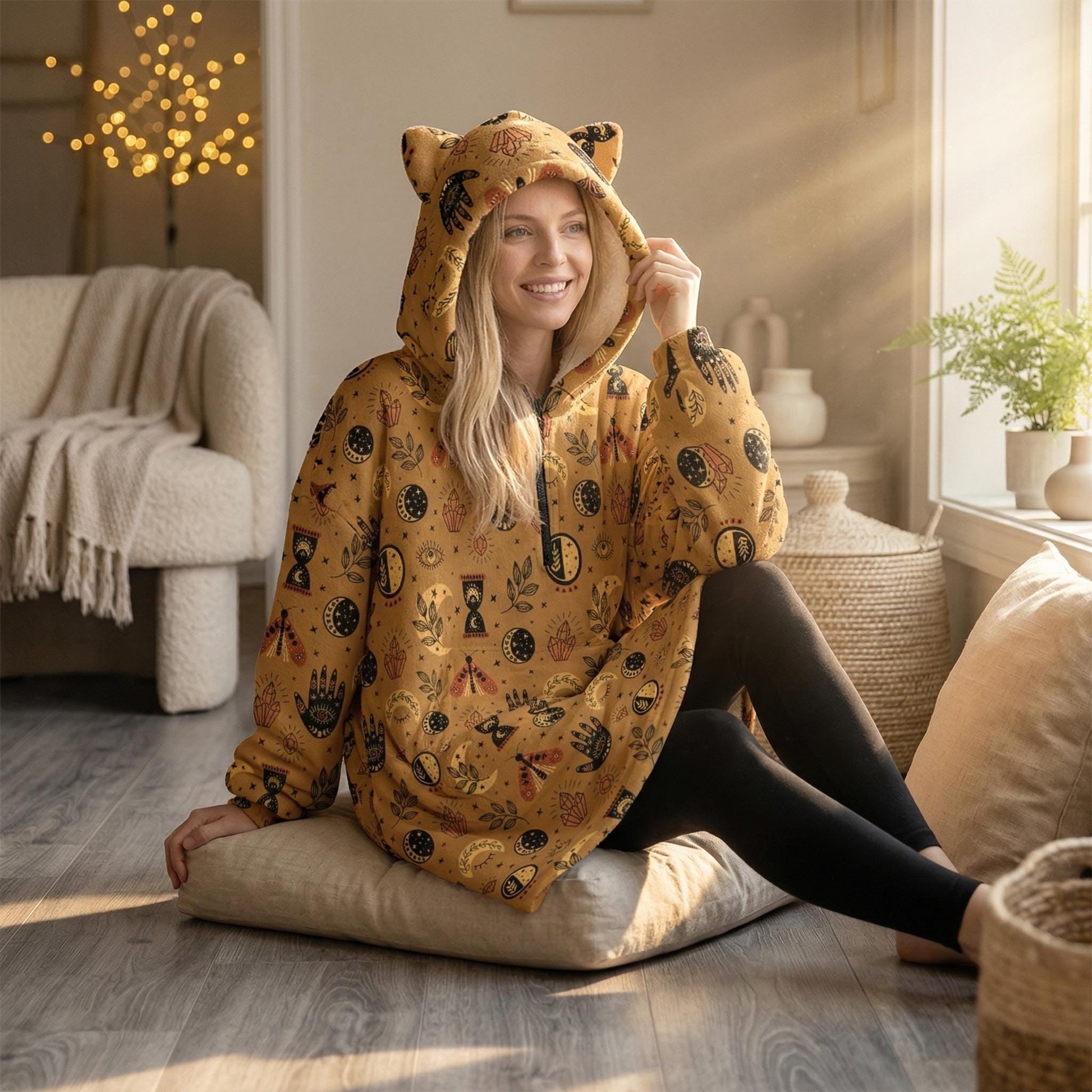 Oversized Cat Ear Hoodie, Boho Mystic Loungewear, Cozy Sherpa Zip Hoodie