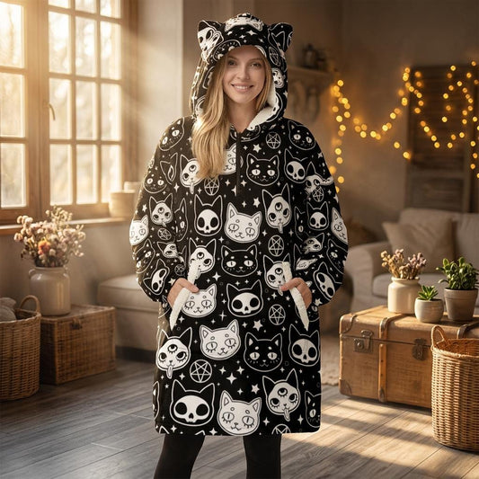 Wearable Blanket Hoodie, Cat Ear Hooded Blanket, Gothic Cat Loungewear Gift